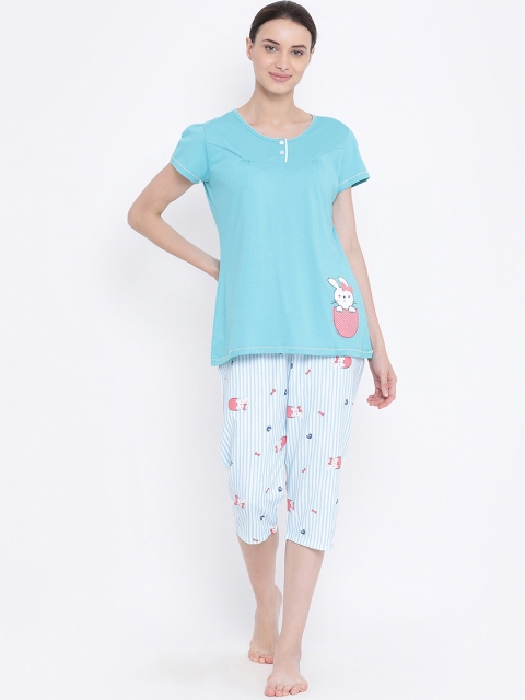 

Kanvin Women Turquoise Blue & White Solid Night Suit