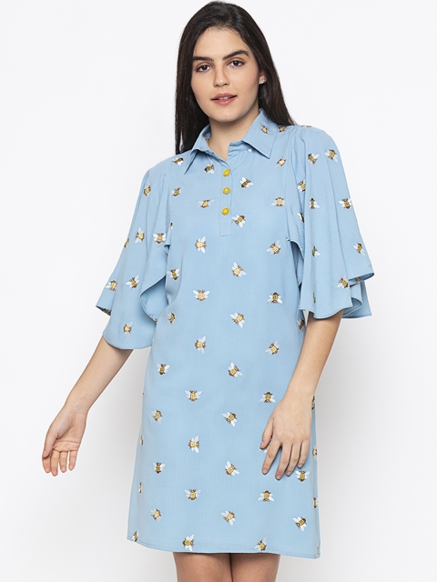 

Iti Women Turquoise Blue Printed Shirt Dress