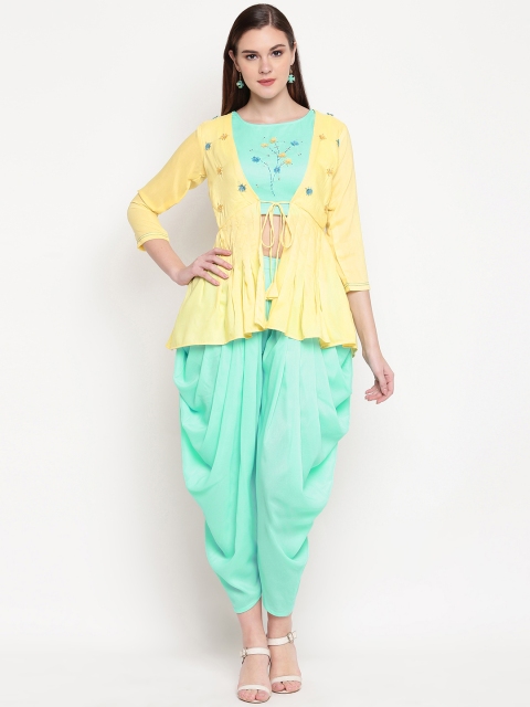 

Kvsfab Women Sea Green & Yellow Embroidered Top with Patiala & Shrug