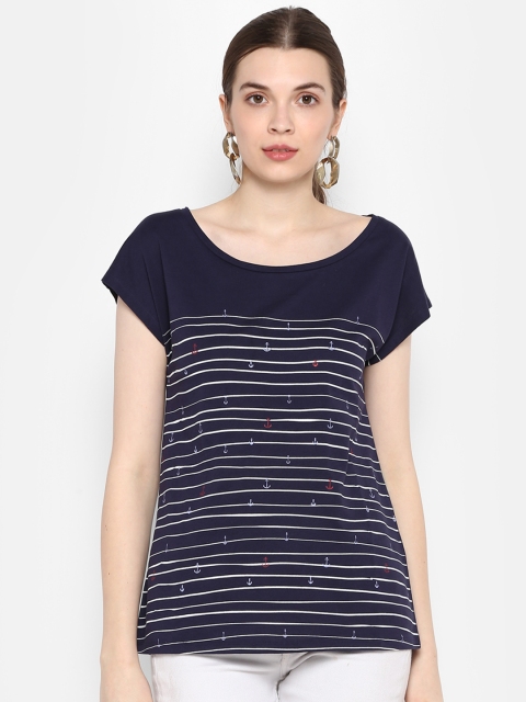 

KVL Women Navy Blue & White Striped Round Neck T-shirt
