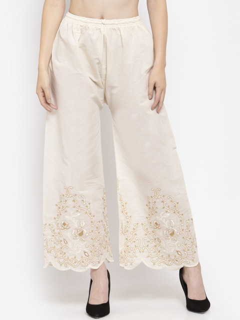 

Clora Creation Women Off-White & Beige Embroidered Wide Leg Palazzos