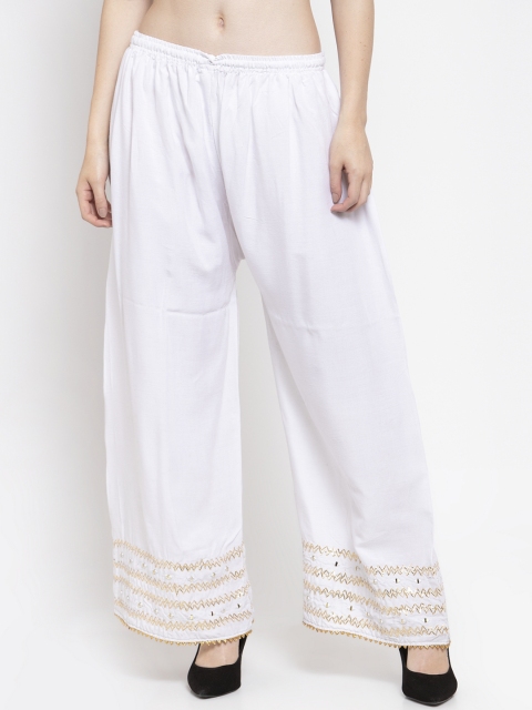 Clora Creation Women White Hem Design Straight Palazzos