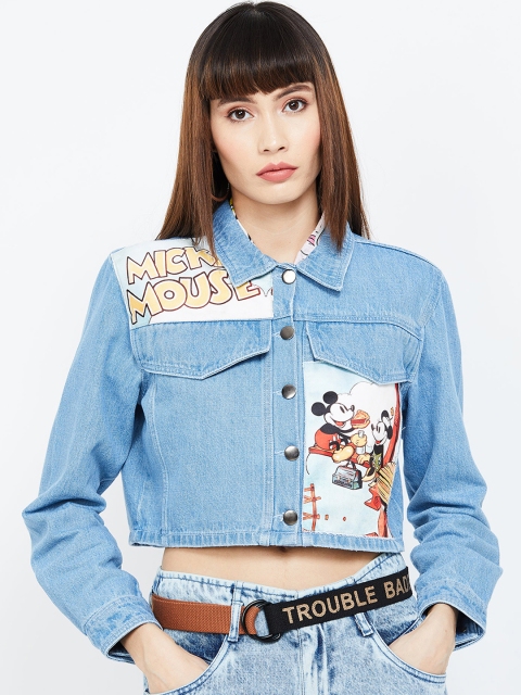 

Ginger by Lifestyle Women Blue Mickey Mouse Printed Cropped Denim Jacket