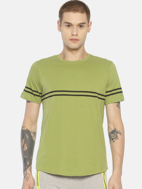 

IMPACKT Men Green & Black Striped Round Neck T-shirt