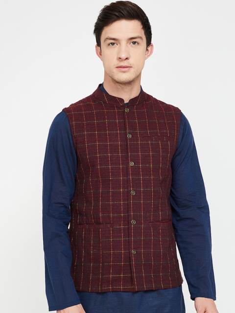 

Melange by Lifestyle Men Burgundy Checked Woven Nehru Jacket