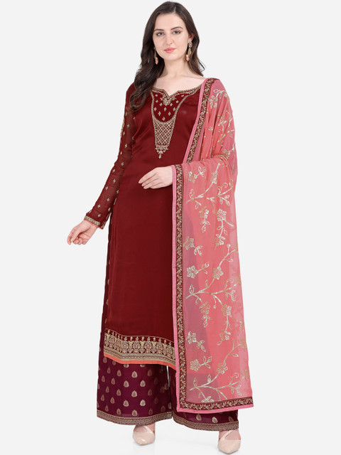 

Stylee LIFESTYLE Maroon & Burgundy Satin Semi-Stitched Dress Material