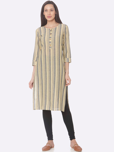 

RAISIN Women Yellow & Grey Striped Straight Kurta