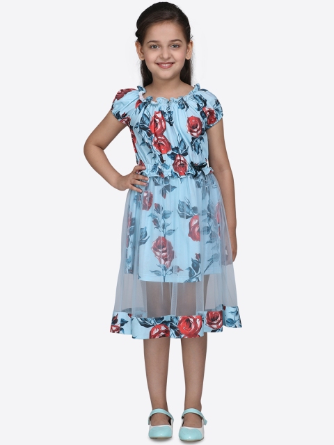 

CUTECUMBER Girls Turquoise Blue & Red Printed Fit and Flare Dress