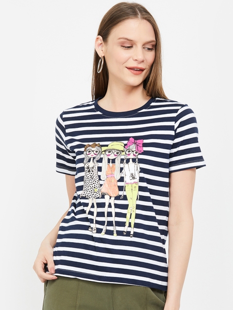 

Ginger by Lifestyle Women Navy Blue & White Striped Round Neck T-shirt