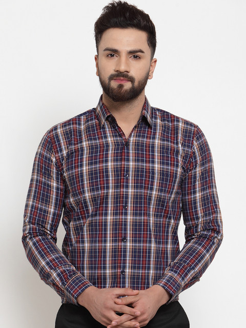 

JAINISH Men Blue & Red Regular Fit Checked Formal Shirt