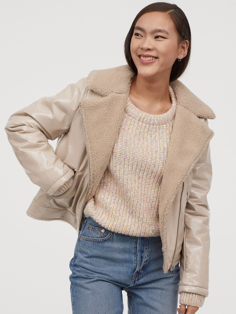 

H&M Women Beige Lined Biker Jacket