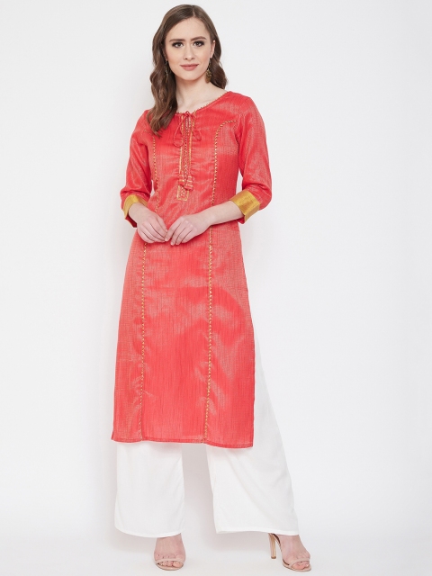 

Prakhya Women Peach-Coloured & White Woven Design Kurta Set