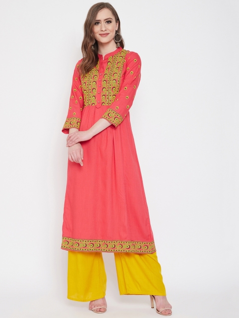 

Prakhya Women Coral Red & Yellow Printed Kurta with Palazzos