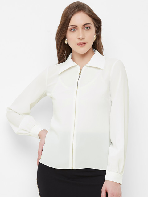 

bebe Women Off-White Regular Fit Solid Casual Shirt