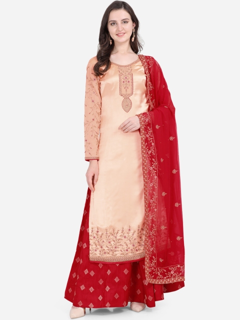 

Stylee LIFESTYLE Peach-Coloured & Red Satin Semi-Stitched Dress Material