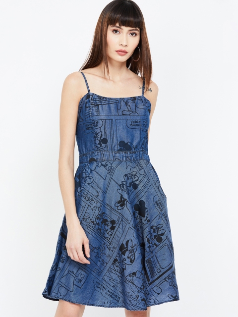 Ginger by Lifestyle Women Blue Printed Fit and Flare Dress