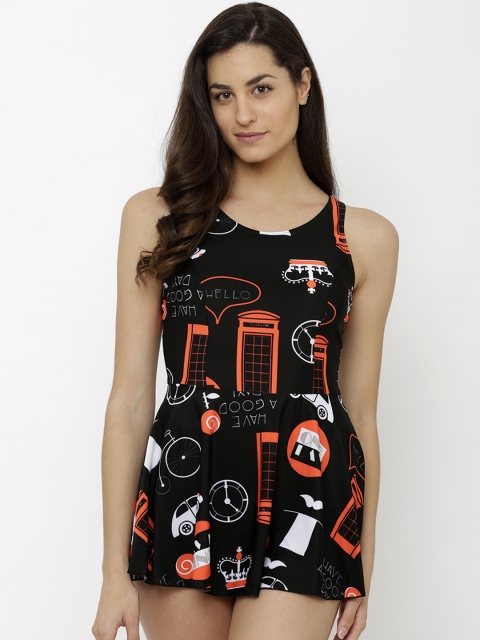 

Heart 2 Heart Women Black & Orange Printed Swimming Dress SW 16023