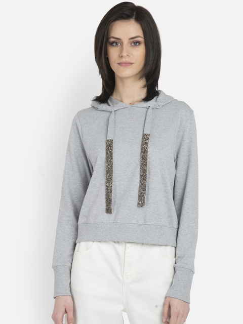 COVER STORY Women Grey Solid Hooded Sweatshirt