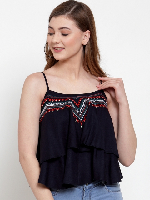 

Everlush Women Navy Blue Embroidered Tiered Top