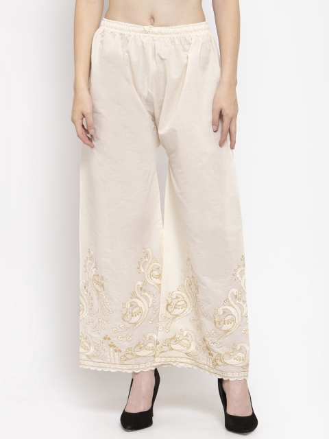 

Clora Creation Women Off-White & Beige Embroidered Wide Leg Palazzos