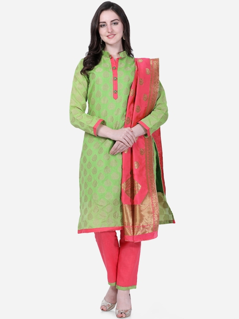 

DIVASTRI Green & Coral Poly Silk Unstitched Dress Material
