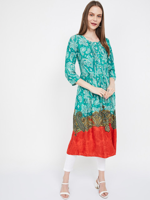 

Melange by Lifestyle Women Sea Green & Orange Printed A-Line Kurta