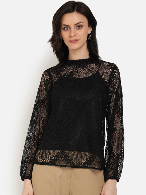 

COVER STORY Women Black Lace Self Design Top
