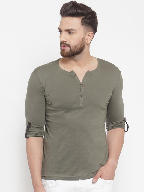 

GESPO Men Olive Green Solid Henley Neck T-shirt