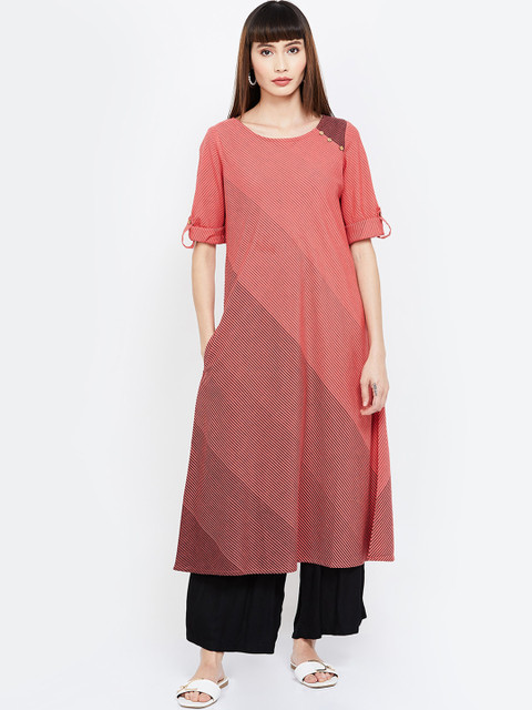 

Melange by Lifestyle Women Coral Pink & Black Striped A-Line Kurta