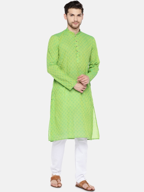 

RAJUBHAI HARGOVINDAS Men Green & White Self Design Kurta with Churidar