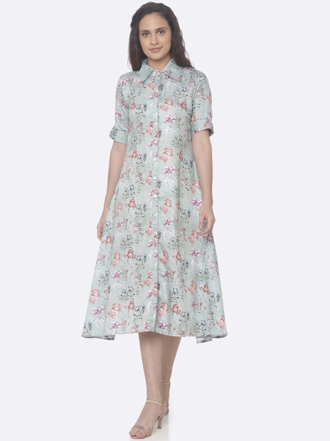 

RAISIN Women Green & Red Floral Print Shirt Dress