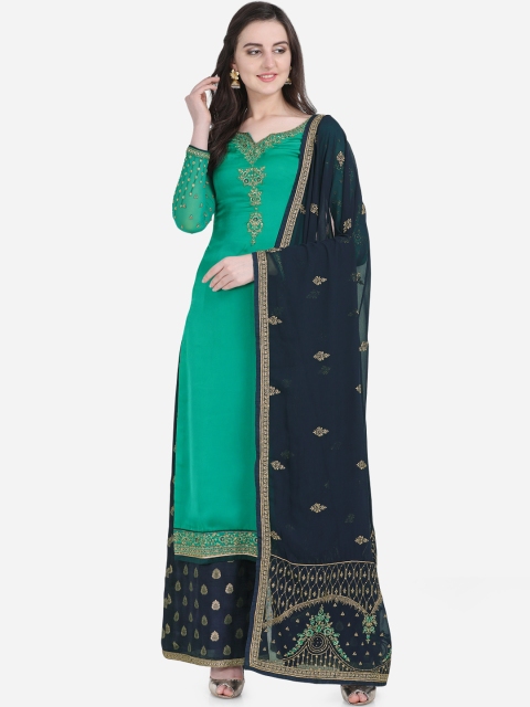 

Stylee LIFESTYLE Green & Navy Blue Satin Semi-Stitched Dress Material