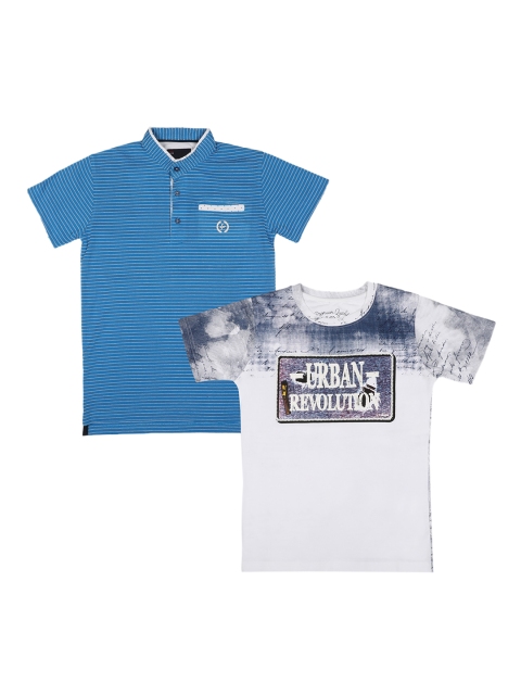 

Lil Tomatoes Boys Pack Of 2 Turquoise Blue & White Printed Round Neck T-shirt