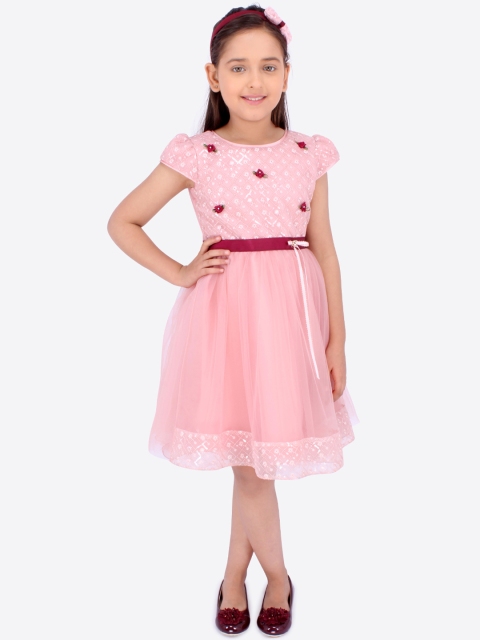 

CUTECUMBER Girls Pink Embroidered Fit and Flare Dress