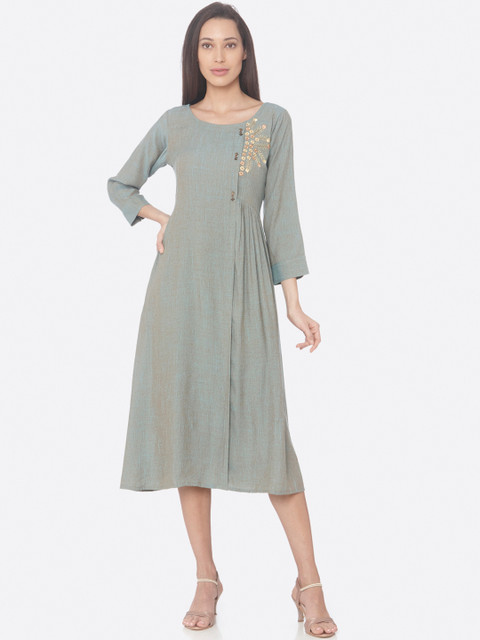 

RAISIN Women Blue & Brown Self Design A-Line Dress