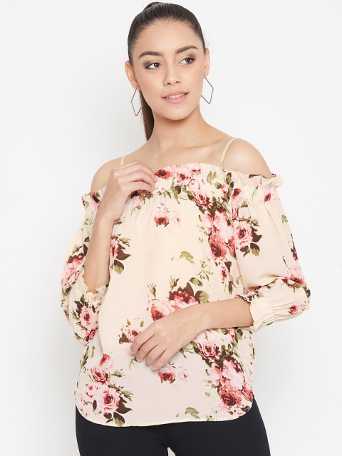 

PURYS Women Peach-Coloured & Red Floral Printed Bardot Top