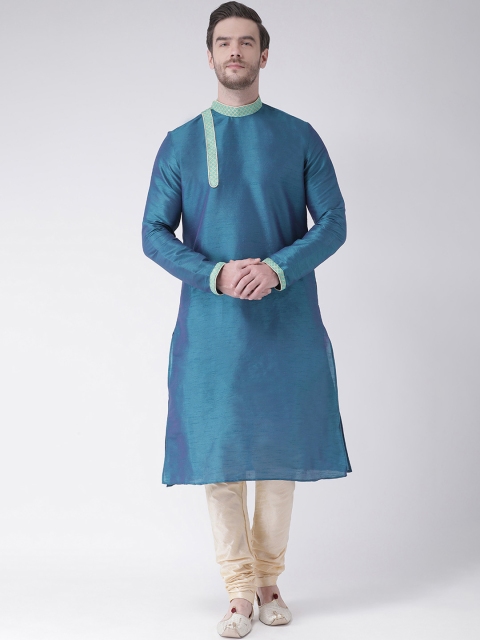 

DEYANN Men Teal Blue & Cream-Coloured Self Design Kurta with Churidar
