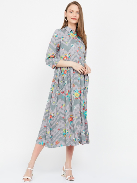 

Colour Me by Melange Women Grey & Green Printed Shirt Dress