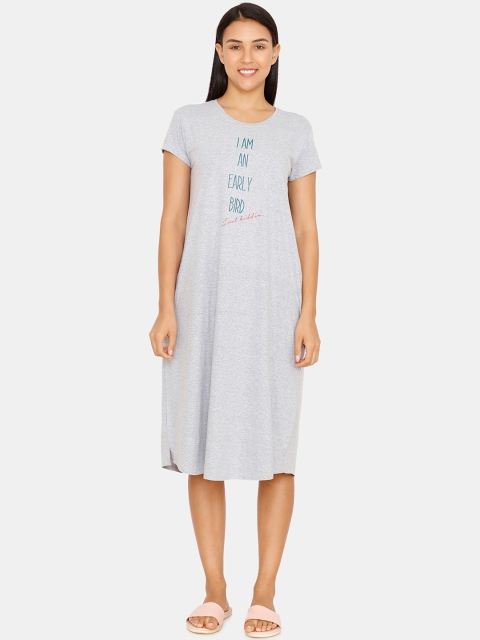 

Zivame Women Grey Melange & Green Typography Print Pure Cotton Sleep Shirt