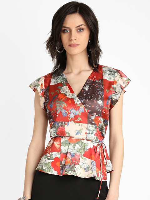 

COVER STORY Women Rust Orange & Grey Floral Print Peplum Top