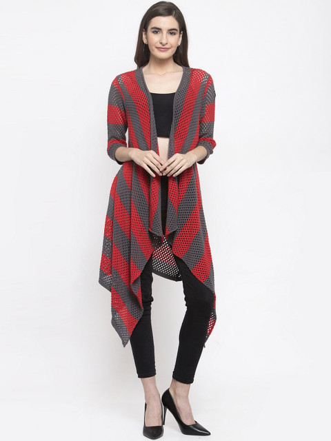 

Kalt Women Grey & Red Self Design Open Front Shrug