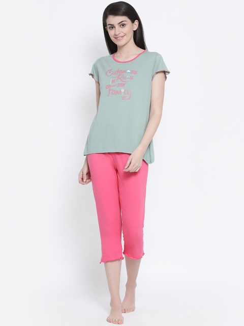 Kanvin Women Green & Pink Printed Night suit