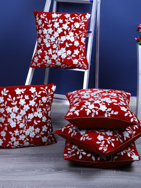 

TIED RIBBONS Maroon & White Set of 5 Embroidered Square Cushion Covers