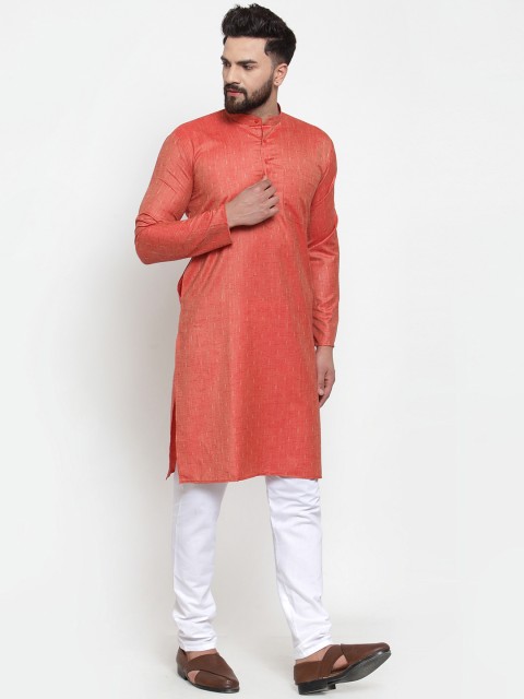 

Jompers Men Orange & White Self Design Kurta with Churidar