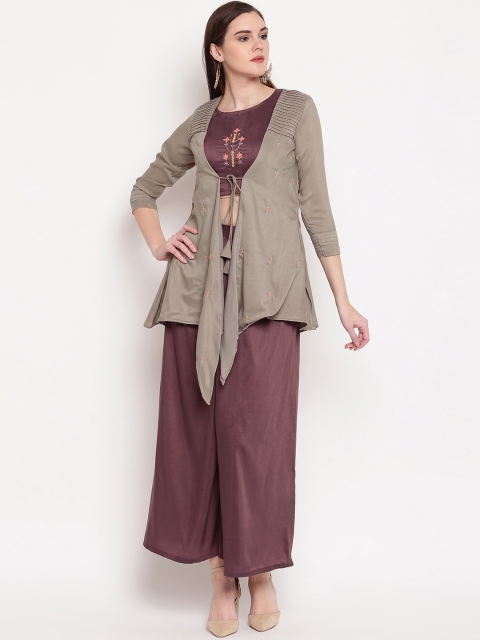

Kvsfab Women Brown & Khaki Embroidered Top with Palazzos & Shrug