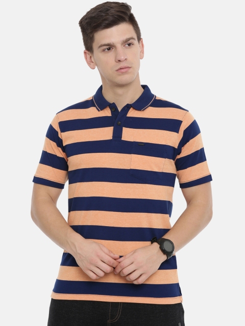 

Proline Men Orange & Navy Blue Striped Polo Collar T-shirt