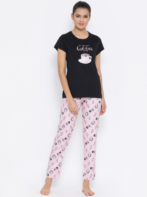 

Kanvin Women Black & Pink Printed Night suit