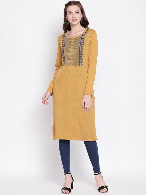 

RANGMANCH BY PANTALOONS Women Mustard Yellow Yoke Design Straight Kurta