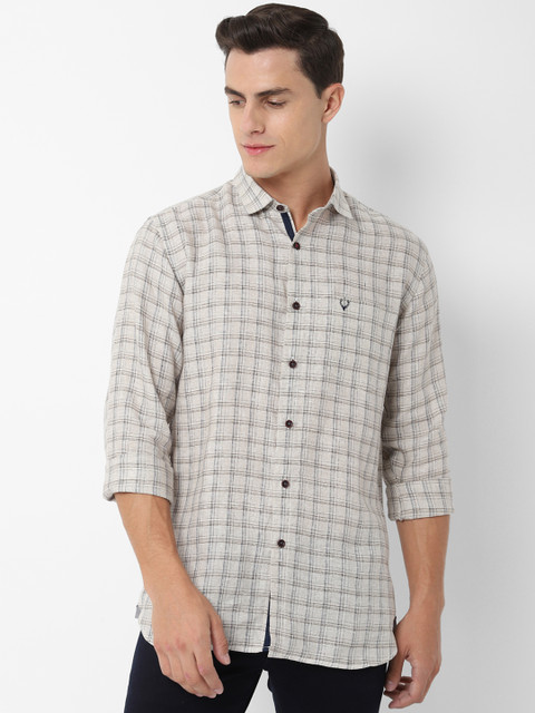 

Allen Solly Men Cream-Coloured & Grey Sport Slim Fit Checked Pure Linen Casual Shirt