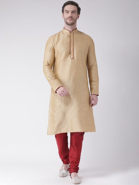 

DEYANN Men Cream-Coloured & Maroon Woven Design Straight Kurta